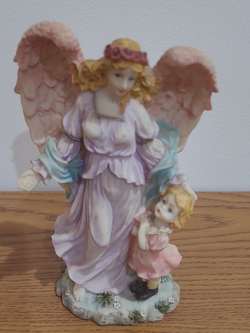 Porcelain Angel and Child Figurine in Pink and Lavender